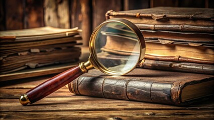A realistic magnifying glass with a worn leather handle and a brass lens on a wooden background, surrounded by scattered papers and antique books, brass, macro