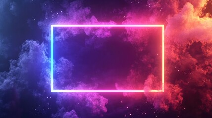 Obraz premium Neon rectangular frame glowing with colourful light on black smoke background with copy space. Night club urban concept