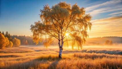 Naklejka premium Golden Sunrise Illuminates Solitary Birch Tree in Serene Autumn Meadow