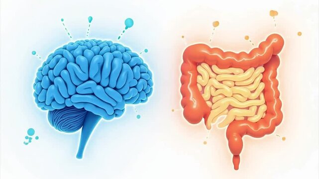 3D rendered image of human brain and gut, brain gut axis, interaction between brain and gut