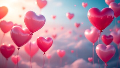 Valentine's Day: Romantic Heart Balloons Floating in Sky - Stock Photo