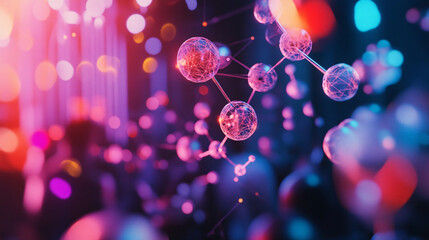 An abstract keynote speech at a futuristic science conference, with vibrant holograms of molecular models and abstract geometric shapes floating in the air. 