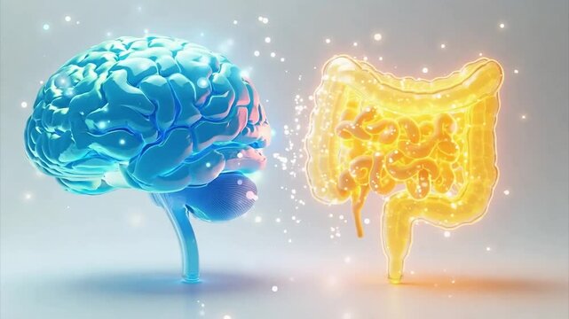 3D rendered image of human brain and gut, brain gut axis, interaction between brain and gut