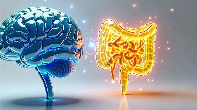 3D rendered image of human brain and gut, brain gut axis, interaction between brain and gut