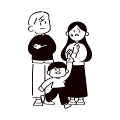 悩む三人家族のイラスト