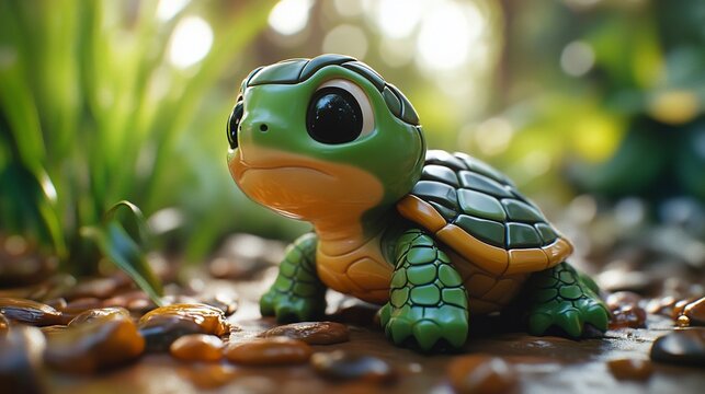 Cute cartoon turtle, forest, pebbles, sunlight, CG render, children's book