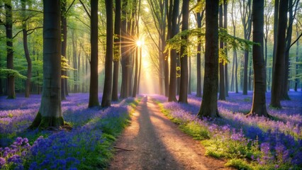 Obraz premium Serene Sunrise Path Through a Mystical Purple Flower Forest with Tall Trees and Golden Sunlight