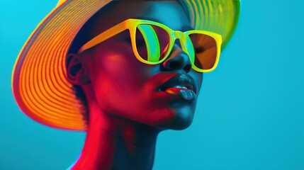 Surreal Fashion Statement, striking black woman adorned in neon glow, vibrant yellow sunglasses and hat, captured in a dynamic, bold artistic composition with dramatic illumination