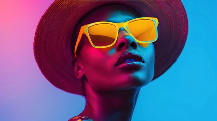 Vibrant Neon Dreamscape, striking black woman radiating in fluorescent light, adorned with bold yellow sunglasses and hat, set against a dynamic and dramatic backdrop.