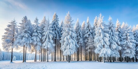 Obraz premium Frosty trees stand tall in the snow-covered forest, forest landscape, snowy trees, forest landscape, snowy trees
