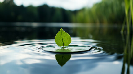 Minimalist wetland depiction with a singular lily pad floating on still water, soft reflections of reeds and clouds in the background.