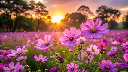 Cosmos flower field at sunset with vibrant purple petals and soft golden light filtering through the trees, landscape photography, gold