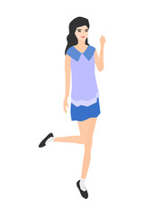 Illustration of a woman in a lilac blouse, blue shorts, black shoes on white background, cutout