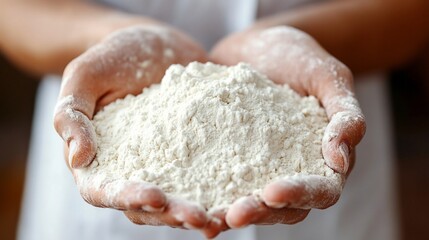 Hands holding flour, kitchen background, baking ingredient