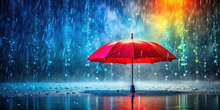 A bright red umbrella stands alone in a torrential downpour with rain pouring around it