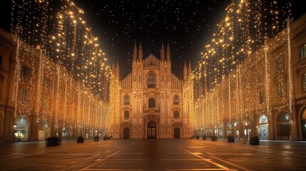 Milan Cathedral at night with festive lights, perfect for holiday travel ads