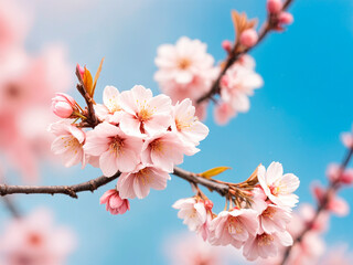 Obraz premium a beautiful scene of pink cherry blossom flowers on a branch against a blue sky. The flowers are in full bloom, with delicate pink petals and yellow centers--generated by ai