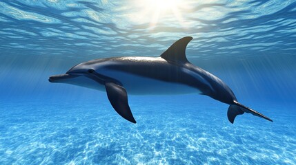 A dolphin swimming gracefully in clear blue ocean waters.