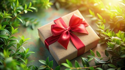 A delicate red bow tied around a Valentine's Day gift box with a subtle heart shape, surrounded by lush greenery and soft pastel hues , affectionate gifts, gift wrapping