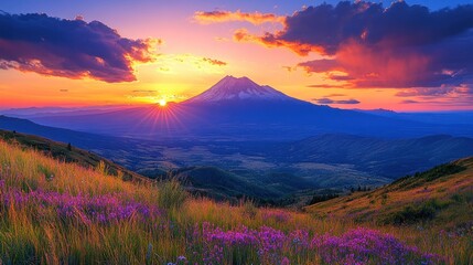 Obraz premium A breathtaking sunset over a mountain, surrounded by vibrant wildflowers in a serene landscape.