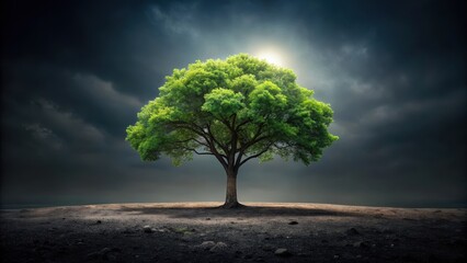A lone tree stands isolated on a dark charcoal background with branches stretching towards the sky , solitude