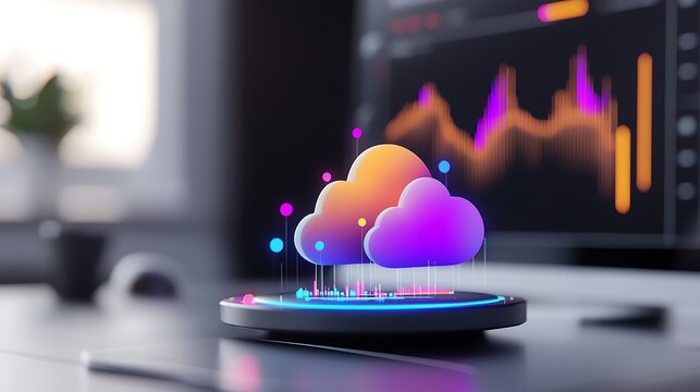 Vibrant cloud computing icon hovers above a wireless charging pad on a desk, with a stock market graph displayed on a computer monitor in the background.