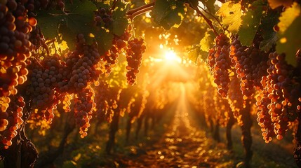 Golden Sunlight Streaming Through Rows of Ripe Grapes in Idyllic Vineyard Landscape