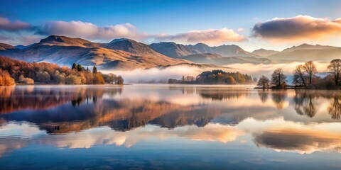 Fototapeta premium Misty dawn over Lake Windermere with mountains reflected , landscape, mountain, landscape,mountain