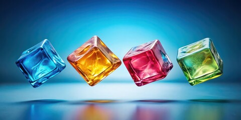 Colorful four flying ice cubes cut out against a bright blue background