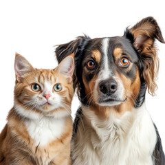 Fototapeta premium Adorable Cat and Playful Dog Posing Together with Curious Expressions in a Bright and Cheerful Indoor Setting Captured on Camera isolated on white background