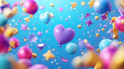 Colorful balloons and stars floating in a vibrant sky