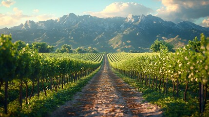 Naklejka premium Winding Dirt Paths Through Idyllic Vineyard with Rugged Mountain Backdrop