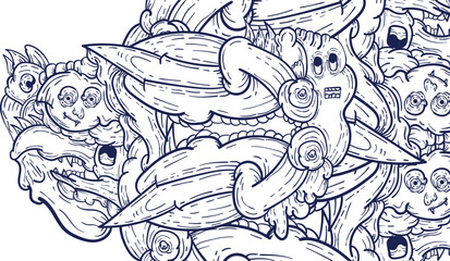 Doodle art pattern design in black and white brush style. It shows odd creatures interacting to give shape to new ones. The seamless design aligns in a mirrored way following two symmetrical axes