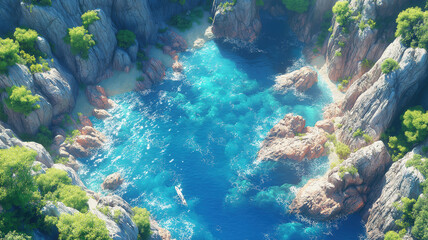 Fototapeta premium Stunning bird's-eye view of a rocky coastline meeting the deep blue sea