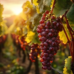 Lush Grape Clusters Amid Softly Blurred Vineyard Rows in Warm Countryside Sunlight