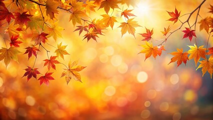 Fototapeta premium Autumnal foliage, vibrant leaves against a sunlit bokeh background, creating a picturesque seasonal scene.