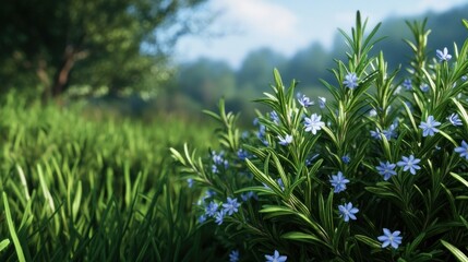 Lush greenery with delicate blue flowers in a serene landscape.