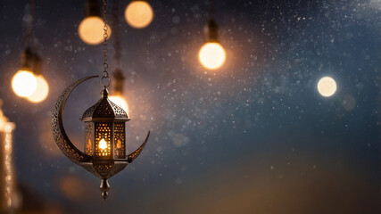 Lantern with moon symbol and city bokeh lights for Ramadan Kareem