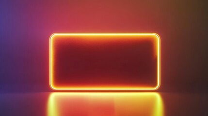 Neon frame glowing with yellow light and reflection on dark background with copy space. Night club urban concept