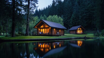 Fototapeta premium Serene log cabins by a tranquil lake at dusk