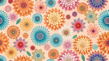 Colorful abstract flowers arranged in a seamless repeating pattern on a soft peach background, flower designs, floral patterns