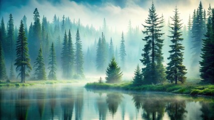 Obraz premium Misty Morning Serenity A Tranquil Lake Reflects the Enigmatic Beauty of a Fog-Shrouded Evergreen Forest