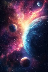 Obraz premium A vibrant cosmic scene featuring planets and colorful nebulae in deep space.