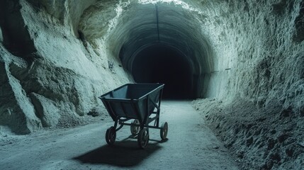 A dimly lit tunnel with a mining cart on a dirt path, suggesting an underground environment.