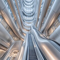 A modern escalator in a sleek, futuristic architectural space with smooth lines and glass.