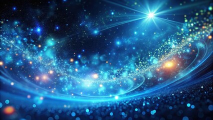 Glowing blue particles suspended in mid-air against a dark abstract background with swirling patterns and vibrant colors, stars