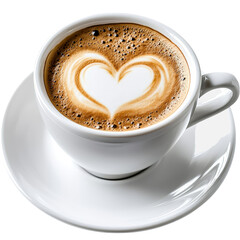 Aromatic Cup of Coffee with Beautiful Heart Design in Creamy Foam Set on Wooden Table Creating a Cozy Inviting Atmosphere isolated on white background
