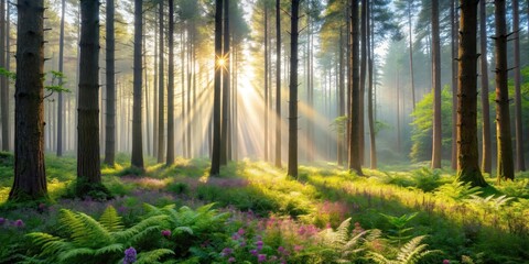 Naklejka premium Sunlit forest with tall trees and misty atmosphere, surrounded by wildflowers and ferns, foliage, mist, foliage, mist, woods