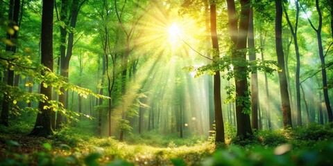 Naklejka premium Lush forest with sunlight filtering through trees creating a beautiful bokeh effect, sunlight, foliage, sunlight, foliage