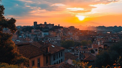 Sunset over Italian city, hilltop view, travel, postcard